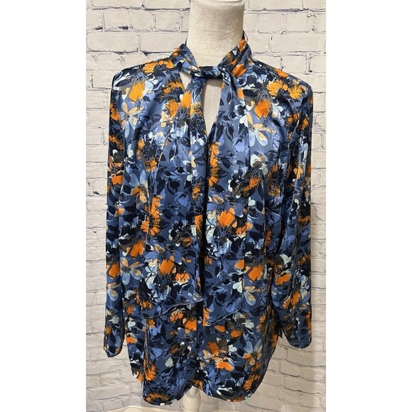 Denim & Co. Floral Printed Blouse with Neck Tie Detail - Navy Size XL QVC D&Co. - Picture 1 of 9